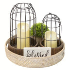Perfnique Decorative Candle Lantern, Set of 2 Farmhouse Table Lanterns for Home Decor, Rustic Table Centerpieces for Dining Room, Fireplace Mantle Kitchen Decoration (Walnut)