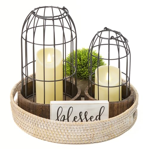 Perfnique Decorative Candle Lantern, Set of 2 Farmhouse Table Lanterns for Home Decor, Rustic Table Centerpieces for Dining Room, Fireplace Mantle Kitchen Decoration (Walnut)