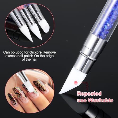 3 Pcs Nail Art Sculpture Pen, Dual Tipped Silicone Nail Tools, Silicone Head Acrylic Handle Nail Art Brushes for Design Nail Foil Carving Drawing Effect Shaping Drawing (Black, Pink, Royal Blue) - color: Black, Pink, Royal Blue