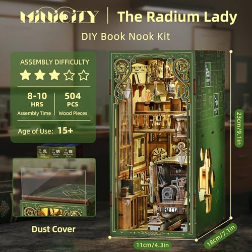 MiniCity Book Nook Kit, DIY Doll House Booknook, Miniature Kit for Bookshelf Doll Houses for Adults Teen Halloween, 3D Wooden Puzzle Bookends with Led Light and Dust Cover (The Radium Lady) - style: The Radium Lady