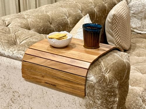 Vesta Homes Sofa Armrest Tray |Premium Acacia Wood | Flexible and Foldable Sofa Tray, Couch Arm Table and Armrest |Suitable for Food/Drinks/Snacks/Cup Coaster | 20 * 12 Inches | Handcrafted in India - style: Large Sofa Arm Tray