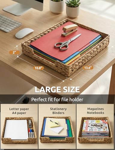 Demigo Water Hyacinth Letter Tray - Desk Organizer & Paper Basket for Mail, A4 File - Sturdy Woven Storage, File Holder with Metal Frame, Rustic Boho Office Decor & Magazine Sorter