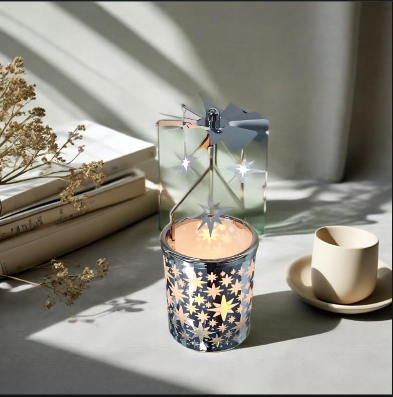 Carousel totary Candle Holder Spinning irthday Gifts for Women, Mom, Wife, Girlfriend, Sister, Her, Metal Windmill Tea Light for Female Friends (Silver Star) - color: Silver Star