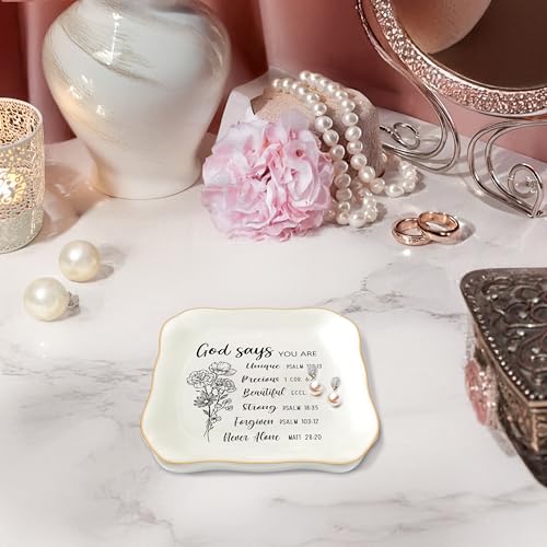 Christian Gifts for Women, Bible Verse Ceramic Jewelry Dish Trinket Ring Tray, Inspirational Floral Gift for Mom Sister Friend Birthday Christmas-God Says You are (White-God Says2) - color: White-God Says2