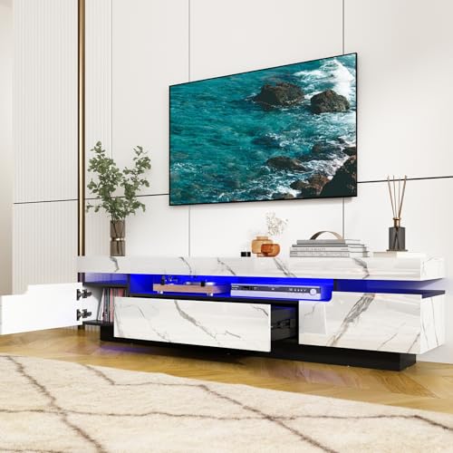 Uspeedy 70IN White TV Stand for 75/80 inch TV,Modern LED TV Stand for Living Room,High Gloss Entertainment Center with Storage Drawer,APP RGB Light,TV Console,Television Stands(Marbling) - color: Marbling
