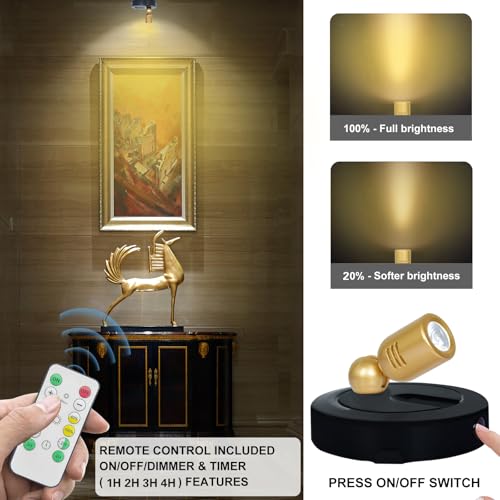 HAMVIDNE LED Spotlight, Battery Powered Spot Lights with Remote, Tree Up Lights Indoor, Dimmable Plants Spotlights, Picture Light for Wall Art Display Dartboard Painting Artwork Accent-2Pack - color: Black-Gold