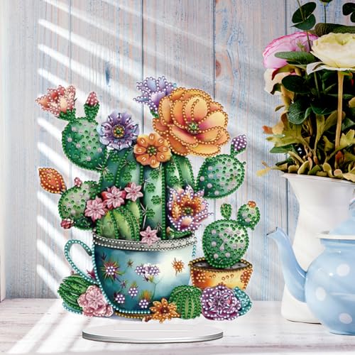 5D Tabletop Diamond Art Kit, Stand Up Special Shaped Crystal Diamond Art Desktop Kits for Adults, DIY Diamond Painting Kits Craft Gift - Cactus Pots - color: Cactus Pots