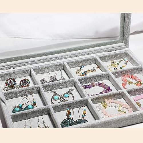 Stratalife Jewelry Holder Organizer Jewelry Organizer Box Bracelet Storage Velvet Jewelry Tray with Clear Lid Jewelry Drawer Organizer Jewelry Display Tray 12 Grid Grey - color: Gray, size: 12 Grid