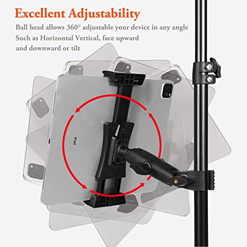 Ipad Holder for Mic Stand, Tablet Phone Holder Micophone Music Stand Mount Adjustable Rotatabe with Super Handle Clamp for iPad Pro 12.9 Air Mini, Android, 4 to 13.5inch iPhones and Tablets
