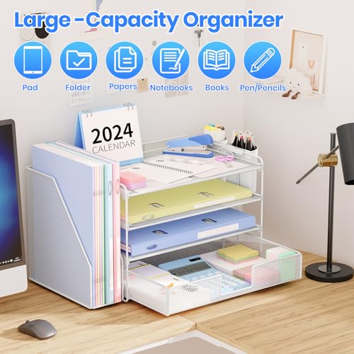OPNICE Desk Organizer, 4-Tier Desktop File Organizer with Drawer and 2 Pen Holders, Office Desk Accessories, File Sorters, Workspace Organizers for Office Supplies(White) - color: White, size: 4-Tier