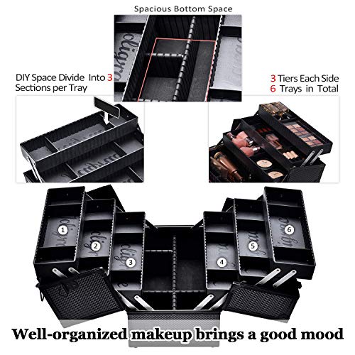 Joligrace Makeup Train Case Professional Adjustable - 6 Trays Cosmetic Cases Makeup Storage Organizer Box with Lock and Compartments 14 Inch Large Black - color: 3.Black