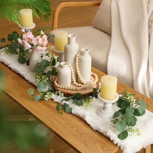 Geelin 6 Pcs Boho Rustic Table Centerpieces, 3 Modern Ceramic Vases, Wooden Slice Tray, Farmhouse Wood Beads Garland with Tassel, Artificial Vines for Dining Home Table Decor(White) - color: White