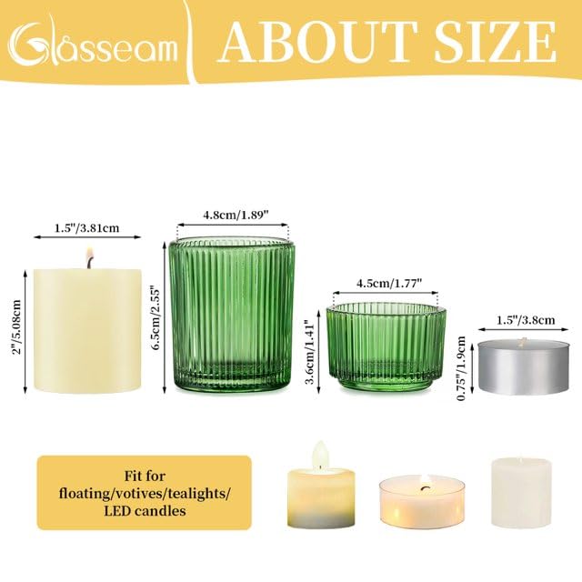 Glasseam Green Votive Candle Holder, Ribbed Small Glass Candle Holder Set of 24, Rustic Tea Light Holders Decorative Bulk, Assorted Vintage Tealight Candle Holder for Wedding Table Centerpieces - color: Green