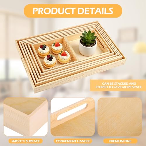 Aodaer 7 Pieces Wooden Trays, Wooden Nested Serving Trays, Rectangular Shape Serving Tray with Handles for Kitchen Party Dinner Snacks