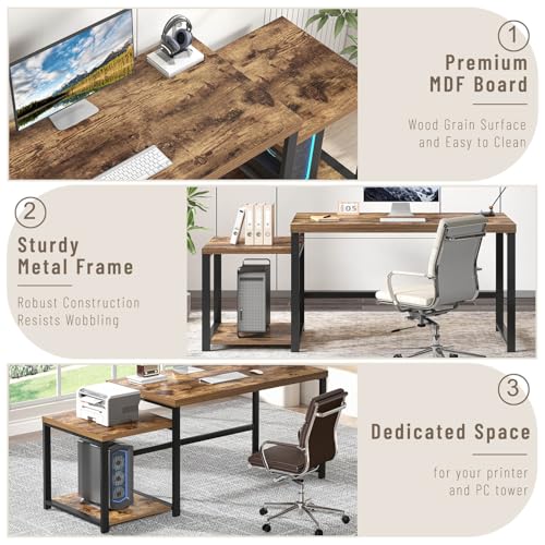 FOLUBAN Large Computer Desk for Home Office with Printer Space, Wood Study Gaming Workstation Table with Storage Shelves, Long Writing Desk for Bedroom Living Room, Rustic Brown, 63 Inch - color: Brown