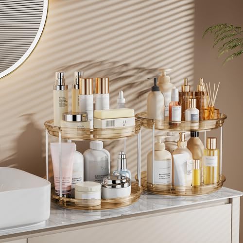 LAMU 2 Pack 2 Tier Lazy Susan Turntable Organizer 9.25'' Rotating Spice Rack Organization for Cabinet, Kitchen, Pantry, Countertop, Bathroom, Vanity, Medicine Cabinet Organizer, Amber - color: Amber, size: 9.25in 2 Pack