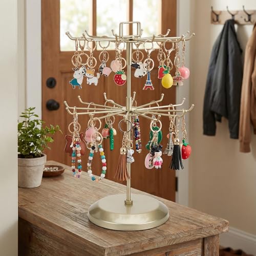 MyGift 2 Tier Brass Metal Jewelry Stand Rotating Necklace and Bracelet Organizer with 24 Hooks for storage, Multipurpose Accessory and Decorative Keychain Spinning Display Rack for women - color: Brass (2 Tier)