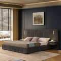 Luxury King Size Bed Frame with Oversized Upholstered Headboard, Modern Chenille Upholstered Platform Bed Frame with Gold LED Lights, Nightstands, No Box Spring Needed, Dark Grey - color: Dark Grey, size: King