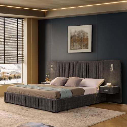 Luxury King Size Bed Frame with Oversized Upholstered Headboard, Modern Chenille Upholstered Platform Bed Frame with Gold LED Lights, Nightstands, No Box Spring Needed, Dark Grey - color: Dark Grey, size: King