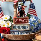 CroBlissful 4 Pcs Memorial Day Decorations 4th of July Patriotic Tabletop Decoration Red White Blue Table Centerpieces Alway Remember Our Heroes Sign for Tiered Tray Home Shelf 250th Anniversary - style: 4th of July