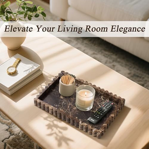 YMXYJM Natural Marble Tray for Bathroom, Real Stone Decorative Vanity Tray with Fluted Edge, Large Marble Serving Storage Tray for Kitchen Counter, Dresser, Home Decor, 11.8" x 8", Dark Brown - color: Dark Brown