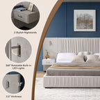 Luxury Queen Size Bed Frame with Oversized Upholstered Headboard, Modern Chenille Upholstered Platform Bed Frame with Gold LED Lights, Nightstands, No Box Spring Needed, Beige - color: Beige, size: Queen