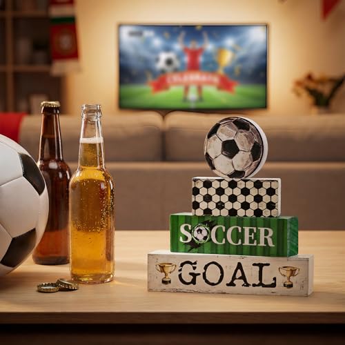 Smile Soccer Wooden Block Decor Set, 4-Piece SOCCER GOAL & Tiered Tray Tabletop Signs with Soccer Ball Figurine for Game Day & Sports Party Decorations - style: Soccer