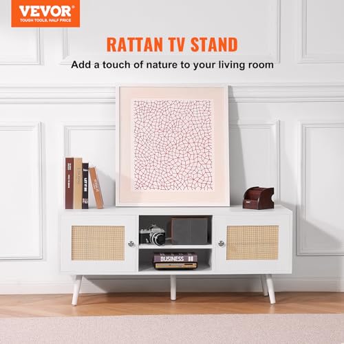VEVOR Rattan Mid Century Modern TV Stand, Boho TV Console for 55 inch TV, White - color: White, size: for 55" TVs