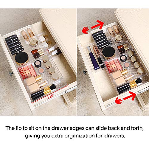 Oubonun Expandable Drawer Organizer 11.1” to 19.2” Width, Shallow Cosmetic Organizer 1.3” Height, 4 Packs, Clear Plastic Storage Trays for Dressing Table,Bathroom - style: Shallow 4 Packs