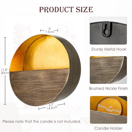 Luxury Metal Wall Candle Sconces – Large Handcrafted Wall-Mounted Tealight Candle Holders with Gold Leaf Interior – Modern & Rustic Home Décor for Living Room, Hallway – 11.8" Bronze Single Piece - color: Bronze, size: Large