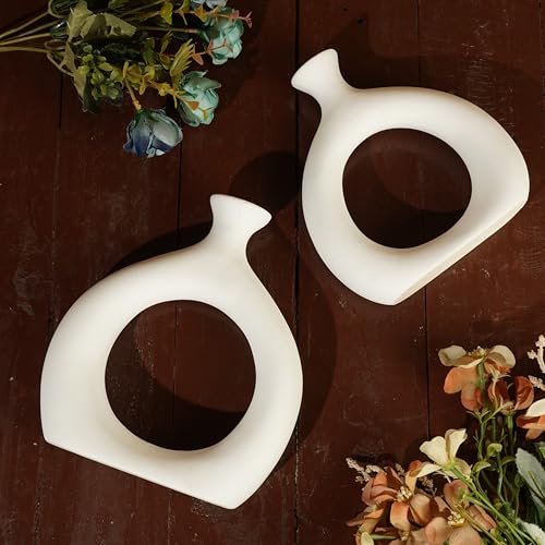 Ajuny Donut Vase Set of 2 – White Ceramic Modern Vases for Flowers, Pampas Grass, Centerpieces | Boho Table Decor for Living Room, Wedding, Kitchen, TV Stand, Office, Shelf, Mantle - style: Hollow-Circle-Vase