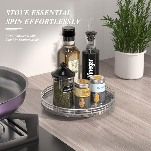 Gray Marble Lazy Susan Turntable for Table Top – 10” Round Marble Tray Organizer for Dining Table, Kitchen Countertop & Bar, Luxury Stone Serving Tray with Silver Frame - color: Gray & Silver, size: 10 inches