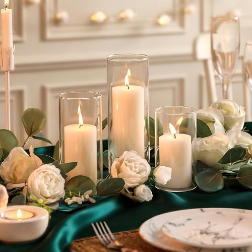12PCS Hurricane Candles Set with Glass Cylinders – White Unscented Pillar Candles in Glass, 3 Size Mixed Glass Pillar Candle Holder, Windproof Elegant Table Centerpiece for Home, Wedding, Party Decor