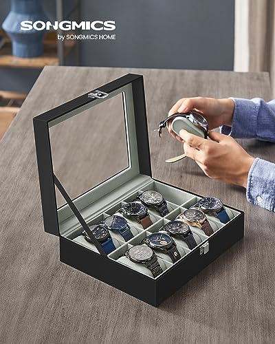 SONGMICS Watch Box, 10-Slot Watch Case Organizer with Large Glass Lid, Removable Pillows, Gift for Loved Ones, Black Synthetic Leather, Gray Lining UJWB010BK - color: Black + Gray, size: 10 Slot