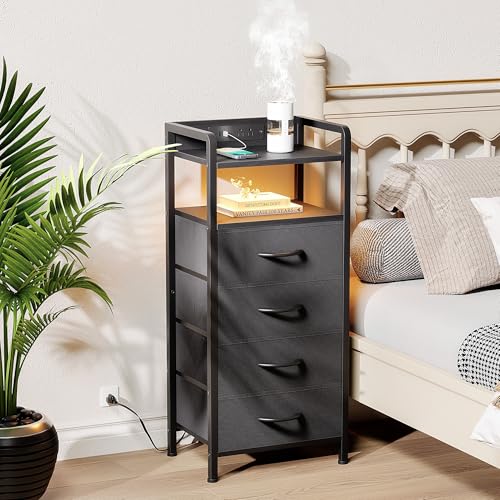 Lazzanto Night Stand Bedside Table Bedroom - Tall Nightstand with Charging Station & LED Light Strip, Bed Side Table with Storage Shelf & 4 Fabric Drawers, 2 U-S-B Ports & 2 AC Outlets - color: Black, size: 4 Drawers