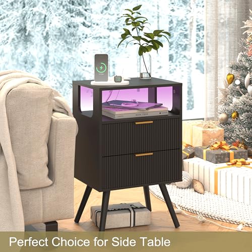 JOONEE Black Nightstand with Charging Station and LED Lights,Modern Bedside Table with 2 Storage Drawer and Open Wood Shelf, for Bedroom and Small Spaces,Night Stand with Solid Wood Legs,Black - color: Black