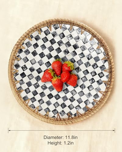 Round Rattan Tray with Mother of Pearl Inlay, Decorative Serving Tray with Wooden Base, Woven Wicker Tray for Coffee, Bread, Fruits, Home Decor(Black Checkerboard, 11.8")