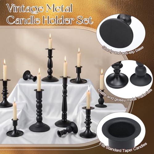 Mumufy Matte Candlestick Holders, Metal Wedding Taper Candle Holders Vintage Candles Stand Set, Candle Stick Decor for Mantel Table Centerpiece Wedding Dining Table Decor Mantelpiece(Black,10 Pcs) - color: Black