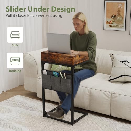 C-Shaped End Table with Drawer, Slide Under Sofa Storage Table with Metal Frame, Modern Design for Living Room, Bedroom, or Small Spaces, Vintage Brown - color: Drawer-vintage Brown, size: 1