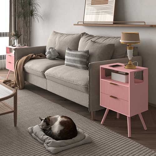 JOONEE Pink Nightstand with Charging Station and LED Lights,Modern Bedside Table with 2 Storage Drawer and Open Wood Shelf, for Bedroom and Small Spaces,Night Stand with Solid Wood Legs,Pink - color: Pink