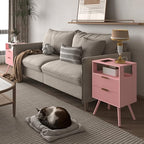 JOONEE Pink Nightstand with Charging Station and LED Lights,Modern Bedside Table with 2 Storage Drawer and Open Wood Shelf, for Bedroom and Small Spaces,Night Stand with Solid Wood Legs,Pink - color: Pink
