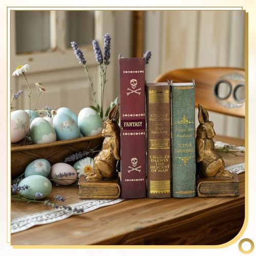 Kathfly Easter Bunny Bookends, Decorative Gold Rabbit Bookends for Shelves Vintage Resin Rabbit Book Ends, Cute Animal Bookend Supports for Home Office, Housewarming Gift, Set of 2 - style: Easter Bunny