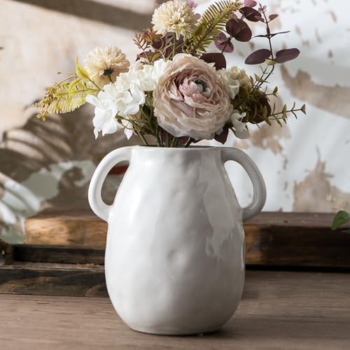 White Ceramic Vase with 2 Handles for Modern Farmhouse Home Decor, Vintage Rustic Decorative Vases, Small Vase for Fresh and Dried Flowers, Centerpiece Table Decorations, 7 Inch - color: 2 White Handles