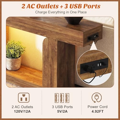 Homieasy Console Table, 47" Entryway Table with LED Lights & Charging Station, Farmhouse Wooden Sofa Table Behind Couch, Narrow Hallway Table for Living Room, Foyer, Entry, Rustic Oak - color: Rustic Oak, size: 47.2"