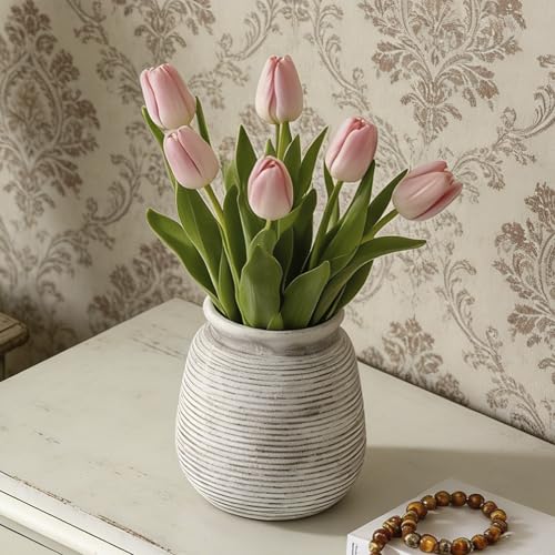 Ceramic Flower Vase, 7.48 Inch Rustic Farmhouse Decorative Vase Pottery Wide-Mouth Vases for Home Decor Table Entryway Mantel Bookshelf Living Room Bedroom Bathroom Kitchen - Rustic White - color: 7.5“ H - Rustic White