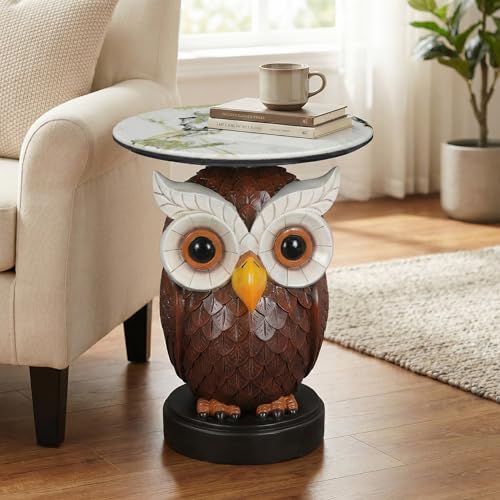 Owl Side Table - End Table with Faux Marble Top Unique Owl Statue Decor for Living Room Bedroom Entryway Elegant Animal Sculpture Modern Classical Decoration, Realistic - color: Owl Base