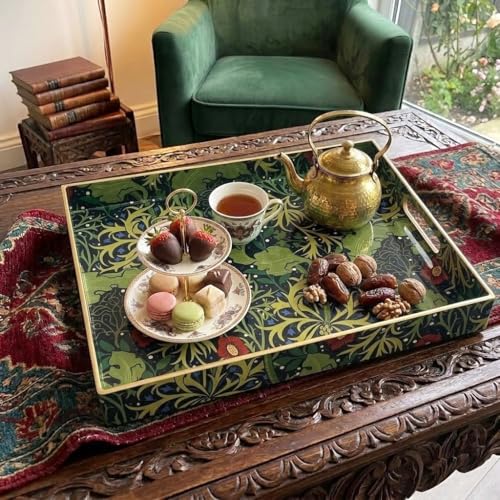 15.8" x 11.8" Navy Green Plastic Serving Tray with Handles, Seaweed & Poppy Botanical Floral Pattern with Red & Blue Accents and Gold Trim, for Ottoman, Coffee Table, Vanity - color: Seaweed & Poppy Botanical