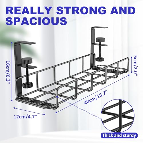 15.7” Under Desk Cable Management Tray, No Drill Steel Cable Tray Organizers, Wire Management Tray Cable Rack with Clamp Mount, Metal Under Desk Tray with Wire and Cord Organizer (Black, 1 Pack) - color: Black, size: 1 Pack