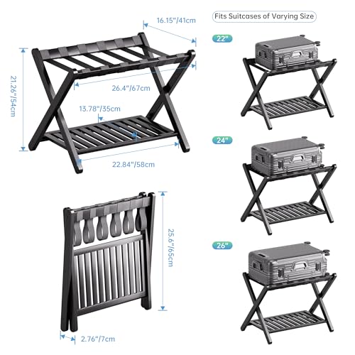 SMIBUY Luggage Rack, Foldable Bamboo Suitcase Stand with Storage Shelf for Guest Room, Bedroom, Hotel, Heavy-Duty, 1 Pack (Black) - color: Black