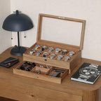 ROTHWELL 12-Slot Solid Walnut Watch Box with Valet Drawer - Premium Jewelry Display Case Organizer with Locking Glass Top and Microsuede Liner for Men & Women (Tan Interior) - color: Walnut / Tan